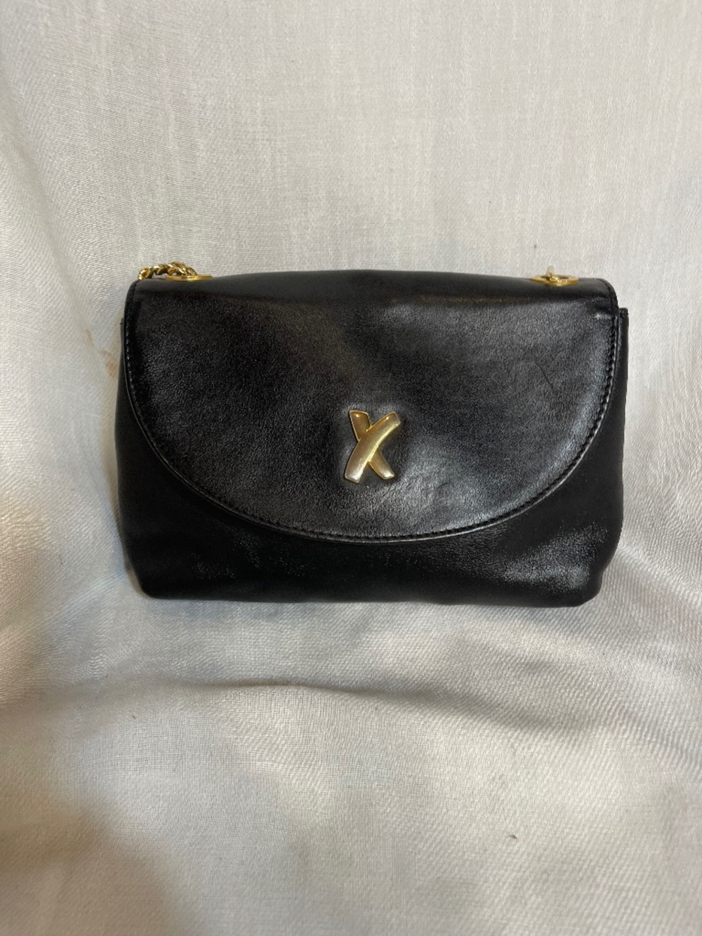 Black Leather Crossbody with Gold X Chain